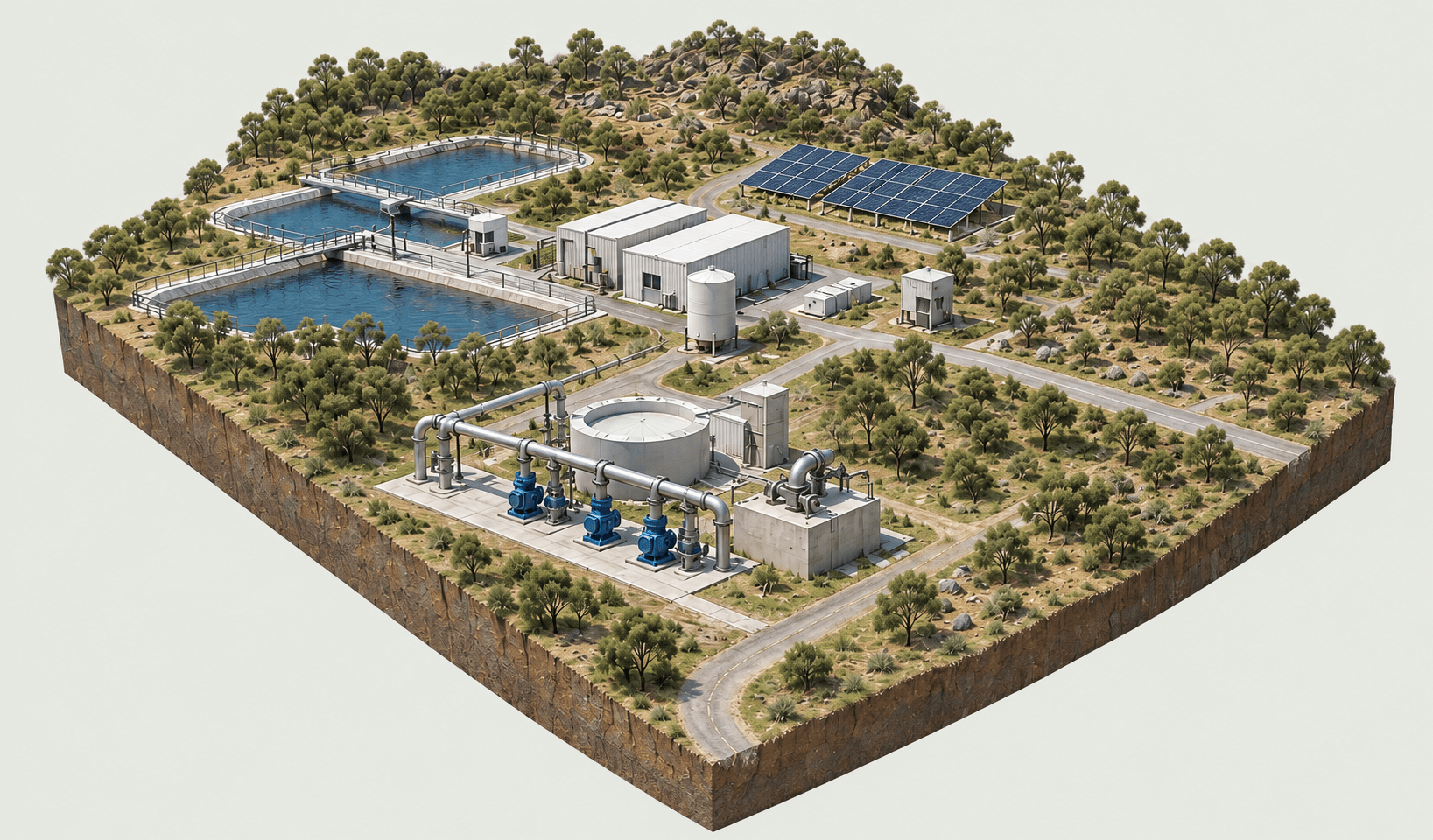 Illustrative miniature industrial site with water storage, pump equipment, process buildings and solar panels